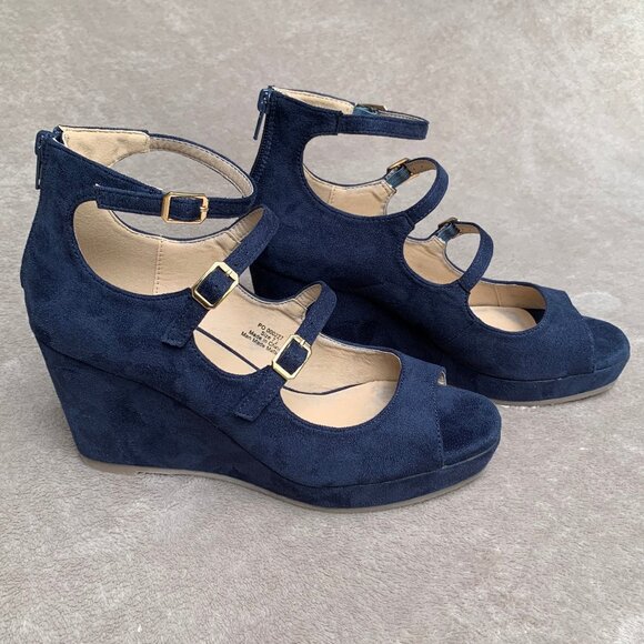 Journee Collection Navy Blue Microsuede Strappy Demi Wedges - Picture 2 of 16